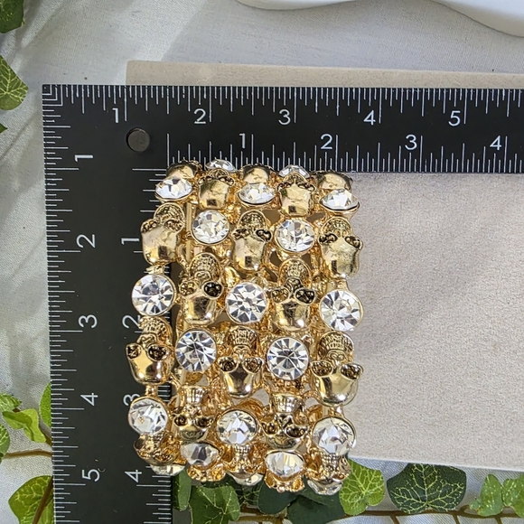 Statement Gold Stretch Bracelet Skulls and Cubic Zirconia - Picture 7 of 9
